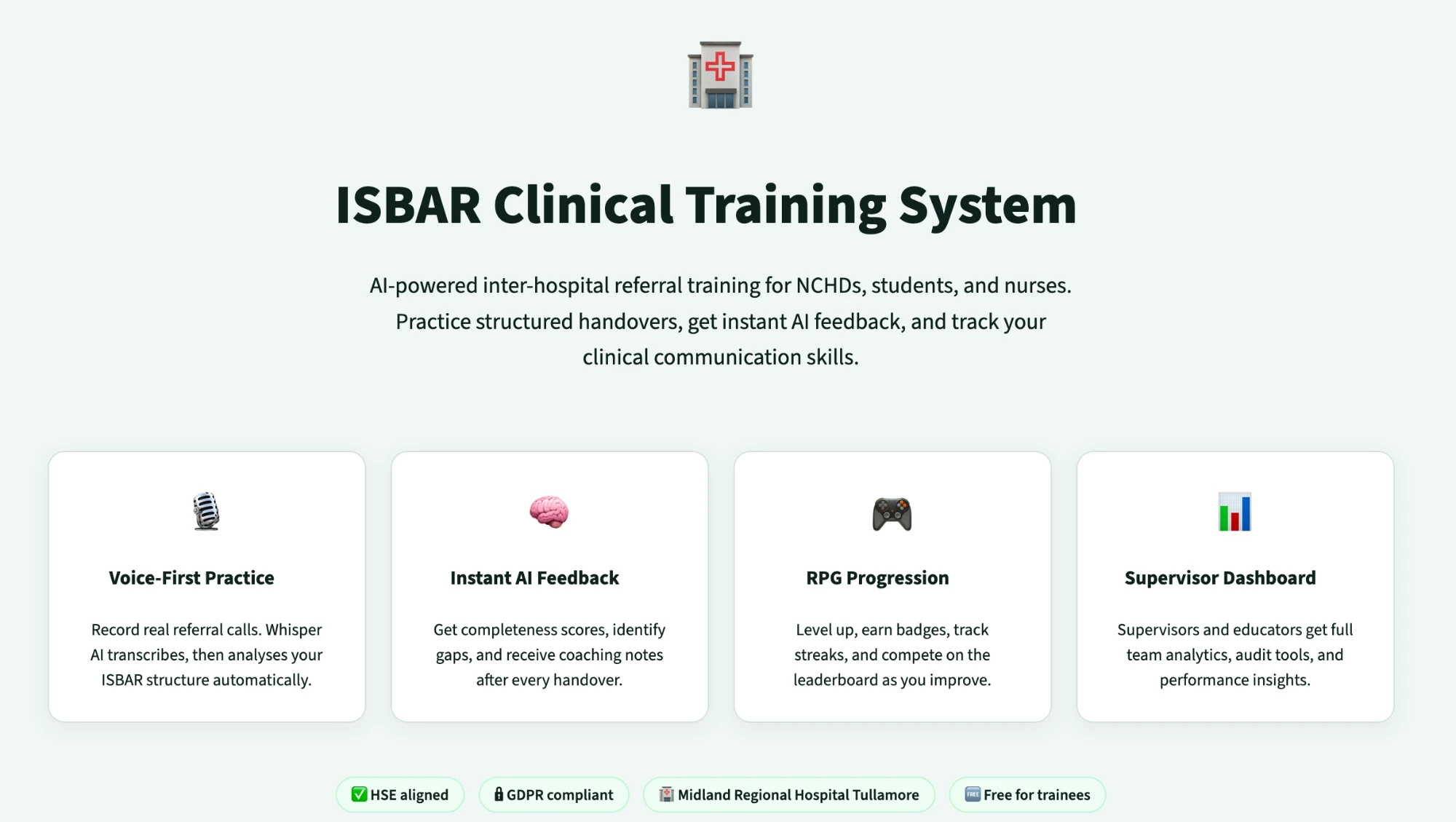 ISBAR landing page — AI-powered inter-hospital referral training