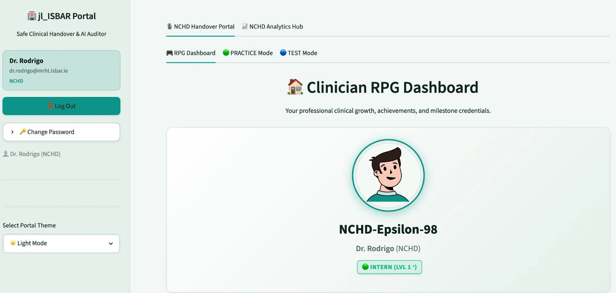Clinician RPG dashboard with anonymised avatar and grade