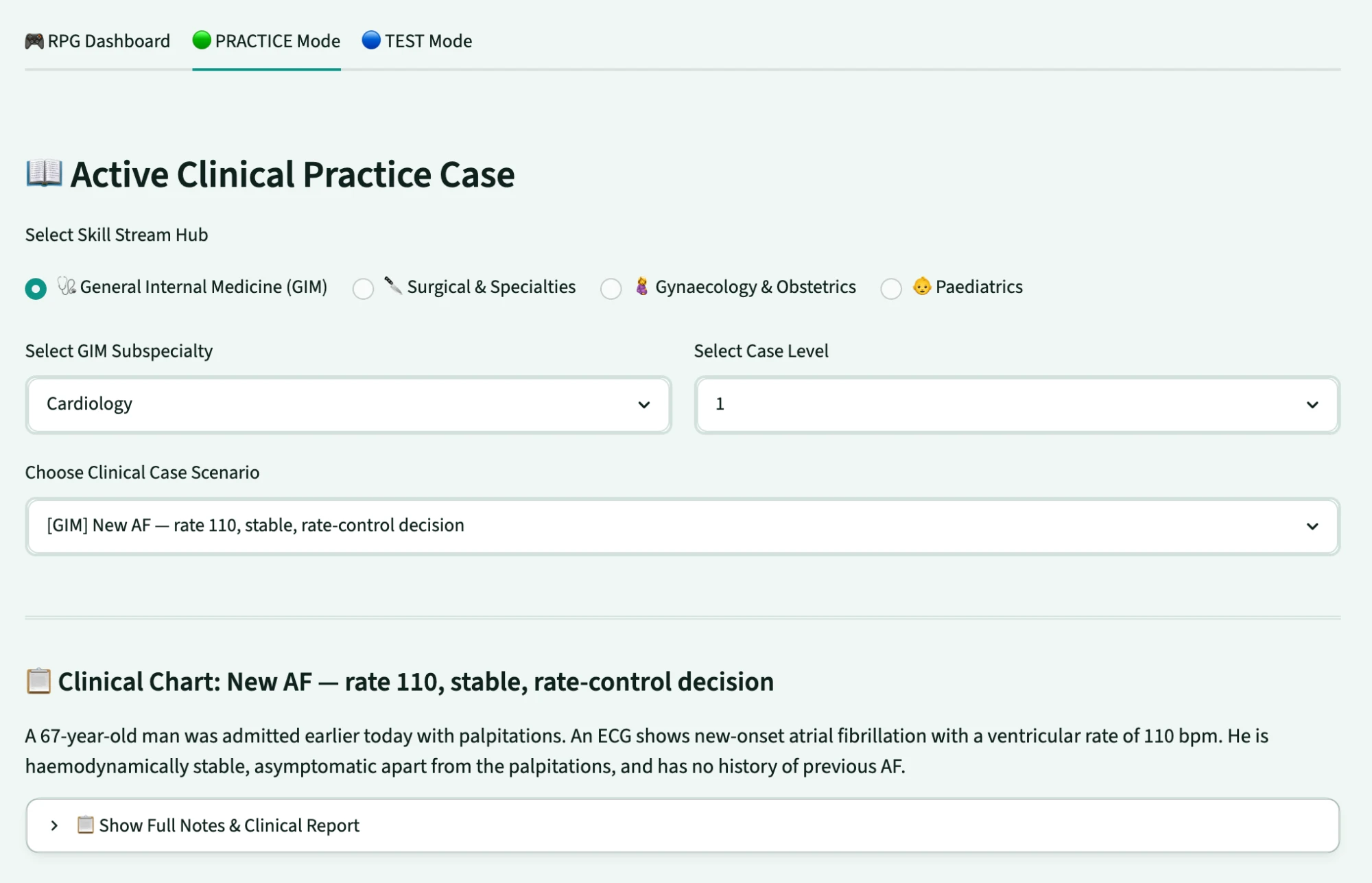 Practice mode — selecting a clinical scenario with full chart