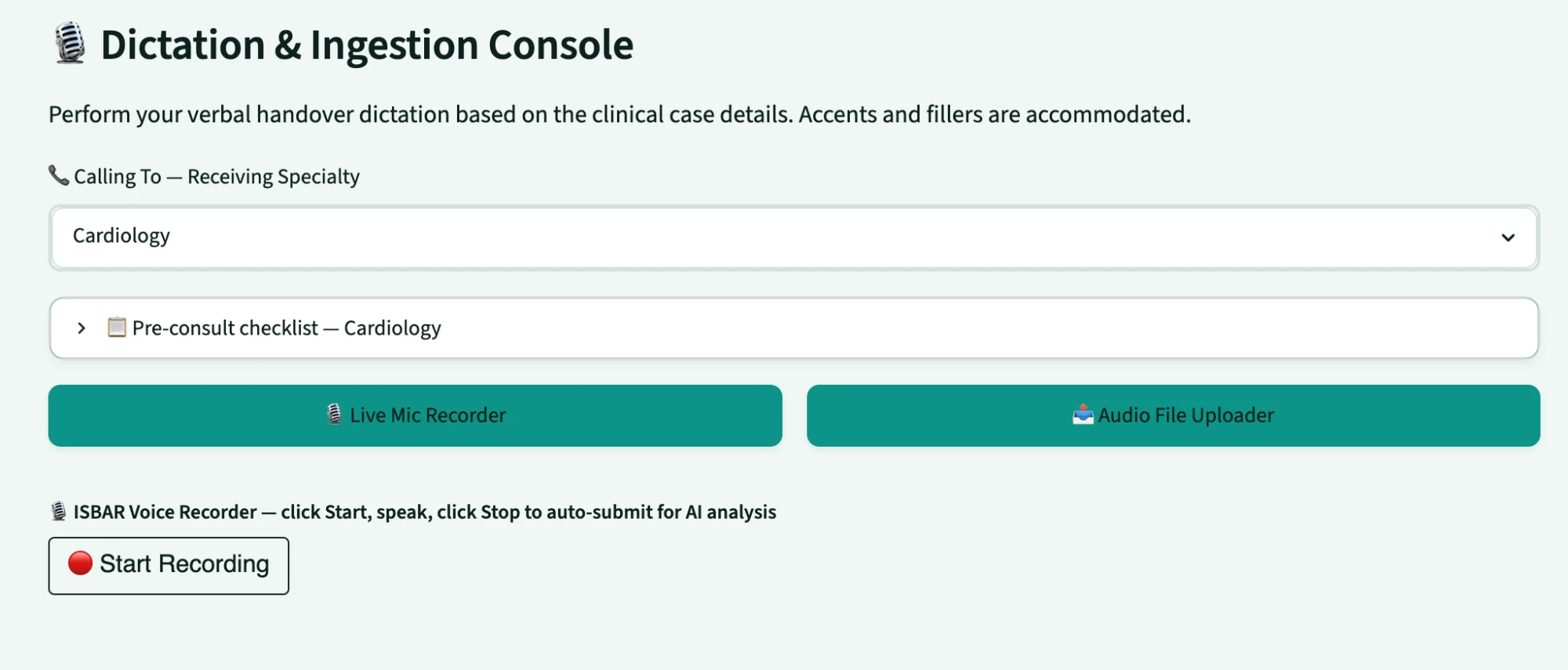 Dictation and ingestion console with live mic recorder