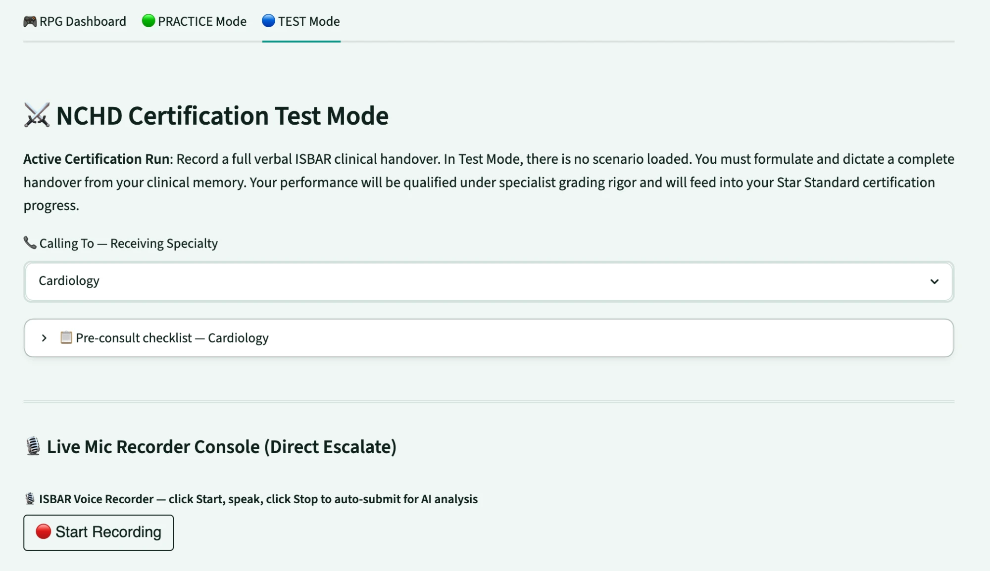 NCHD certification test mode