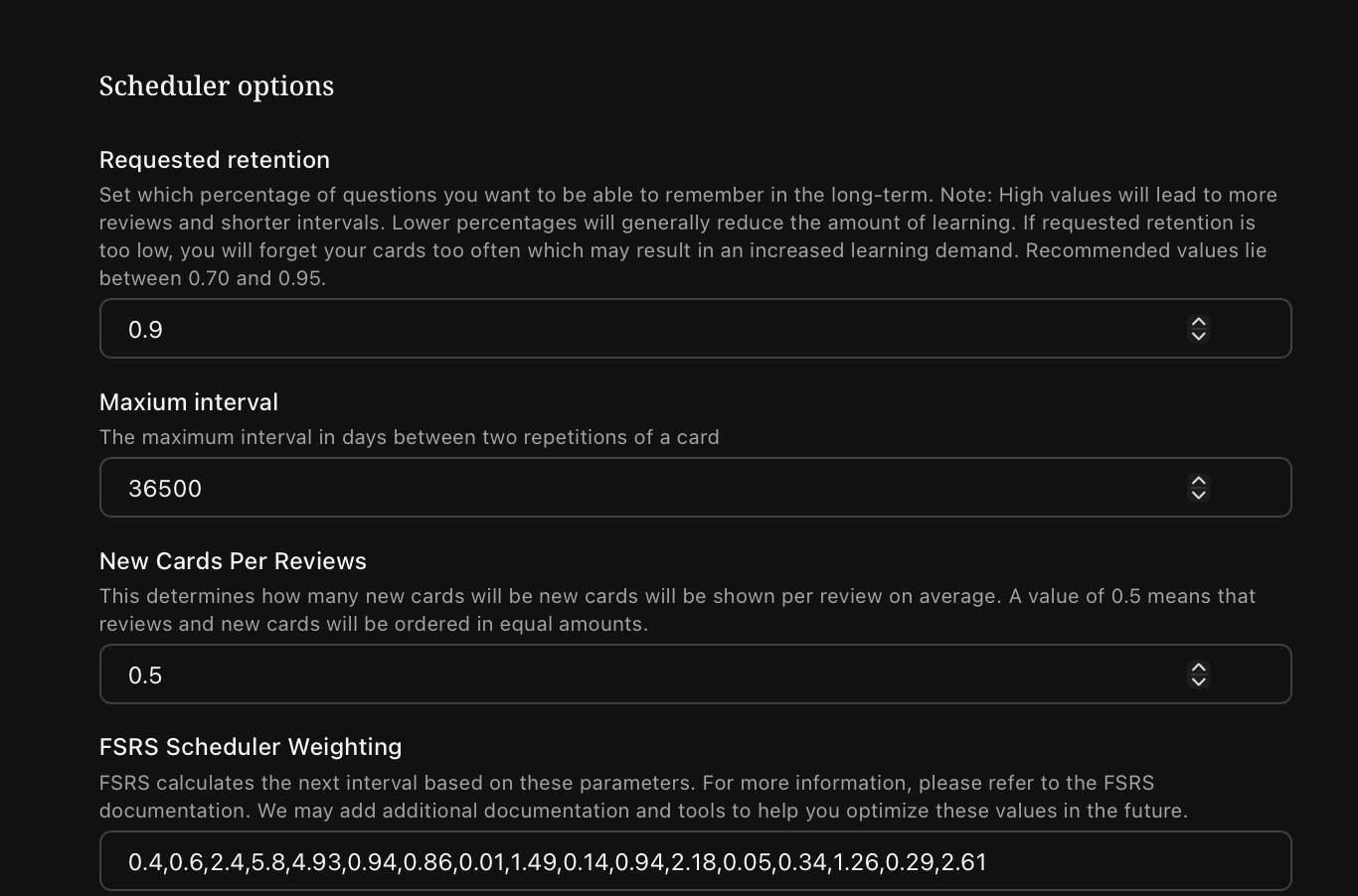 FSRS scheduler options